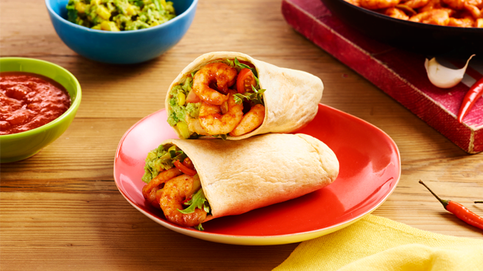 Garlic Chilli Prawns Pockets With Sweetcorn Avocado Guacamole